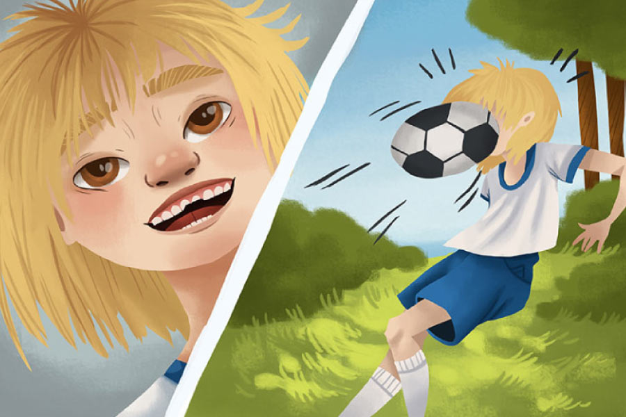 Cartoon blond child getting hit in the face with a soccer ball in one frame and smiling with a chipped tooth in the next