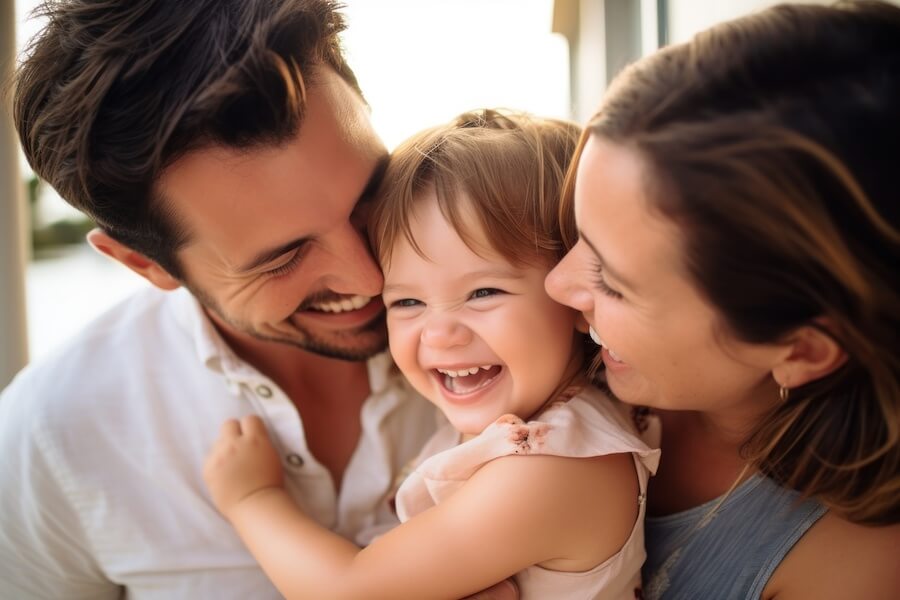 A brunette mom and dad snuggle their smiling toddler daughter