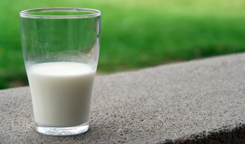 Clear glass half-filled with white milk sits on a curb by a green yard of grass